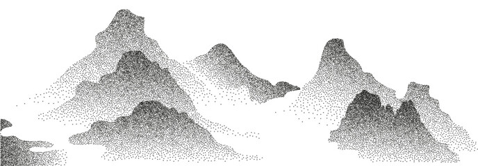 Grain stippled mountains landscape. Vector illustration in black dotted particle terrain, stippling peak, rock or volcano silhouettes. © Olga Tsikarishvili