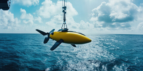 Naklejka premium Autonomous yellow Underwater Vehicle hanging over the ocean, preparing for a dive