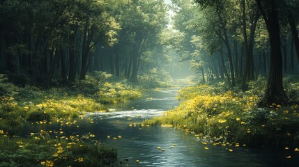 Serene Forest Stream With Yellow Flowers
