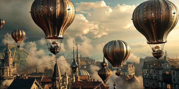 Aviator-themed hot air balloons with leather-clad pilots, drifting over a steampunk cityscape, 4K Video