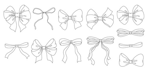 Set of sketched bow and ribbon. Hand drawn vintage line art vector illustration.
