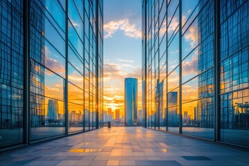 Modern glass office buildings at sunset with reflections and open plaza