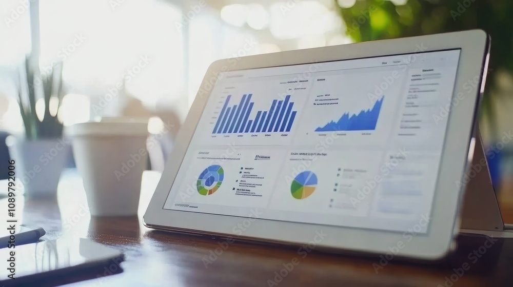 Poster Tablet Displaying Business Data Graphs And Charts