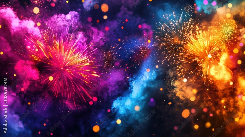 Poster fireworks display with multicolored smoke trails