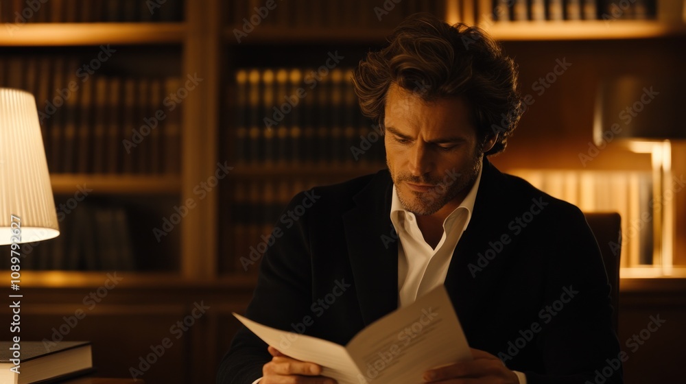 Poster man reviews documents in a library setting