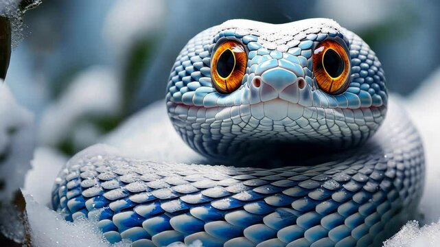 The snake is the symbol of year 2025. A cute little snake with big eyes in a winter forest, with snow and icicles. Calendar new year 2025.
