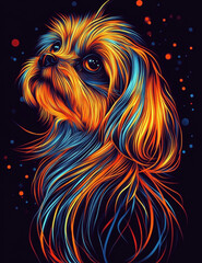 Naklejka premium Neon-style headshot of a Maltese dog with long flowing fur against a dark background 