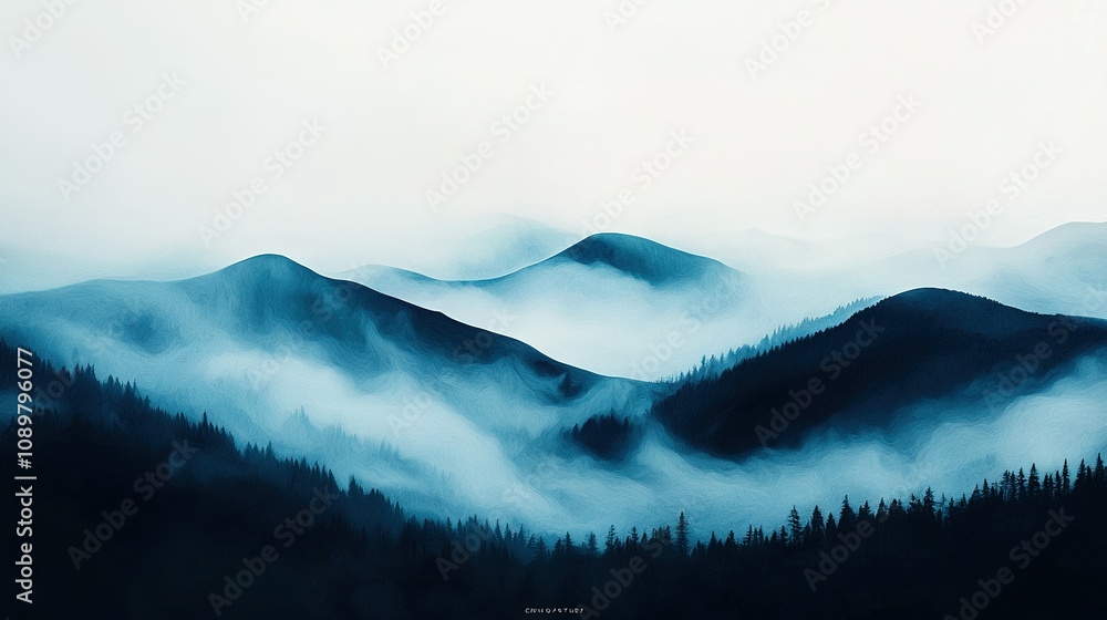 Poster a painting of a mountain range with trees in the foreground and a hazy sky in the background