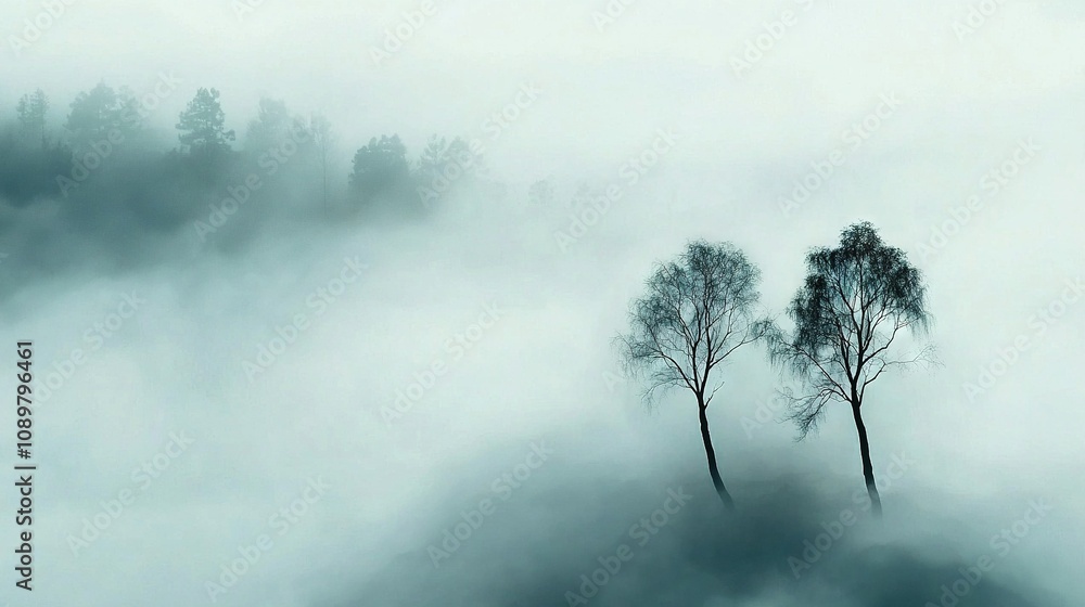 Poster a few trees standing in a foggy field surrounded by trees in the mist