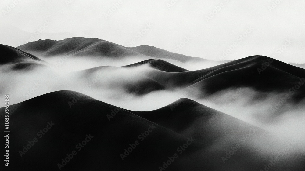 Poster a mountain range in the background with low clouds and small hills in the foreground