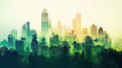 Fototapeta premium Double exposure silhouette of city view with green rooftops and buildings, sustainable urban living, vibrant palette. Urban Rooftop Skyline. Illustration