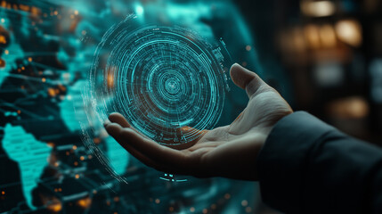 Futuristic Hand Holding Compass with Digital World Map