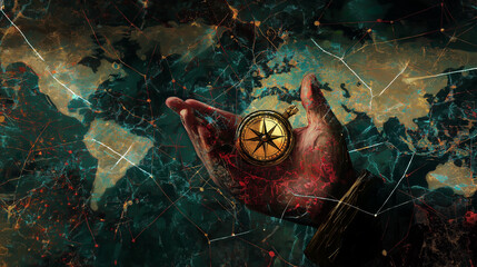Abstract Digital Art of Hand Clutching Compass with World Map Background