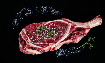 Fototapeta premium Fresh raw T bone steak garnished with herbs and sea salt on black background, perfect for grilling or cooking