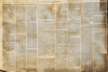 Vintage newspaper background texture. Old paper news sheet with unreadable aged text. Sepia color journal page with journalistic writings and printing grunge effect.