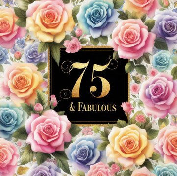 Colorful floral design celebrating a 75th birthday with roses and elegant typography.