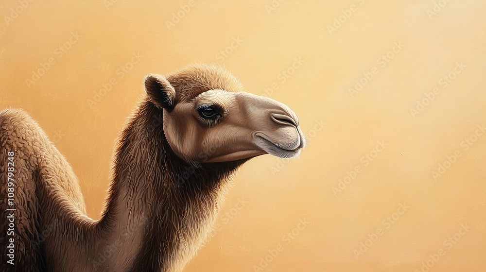 Poster a zoomed-in shot of a camel against a yellow backdrop with a painting of a camel in the foreground
