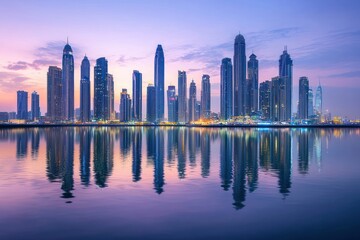 Fototapeta premium Skyline at dusk with mirror-like water reflections under a clear sky