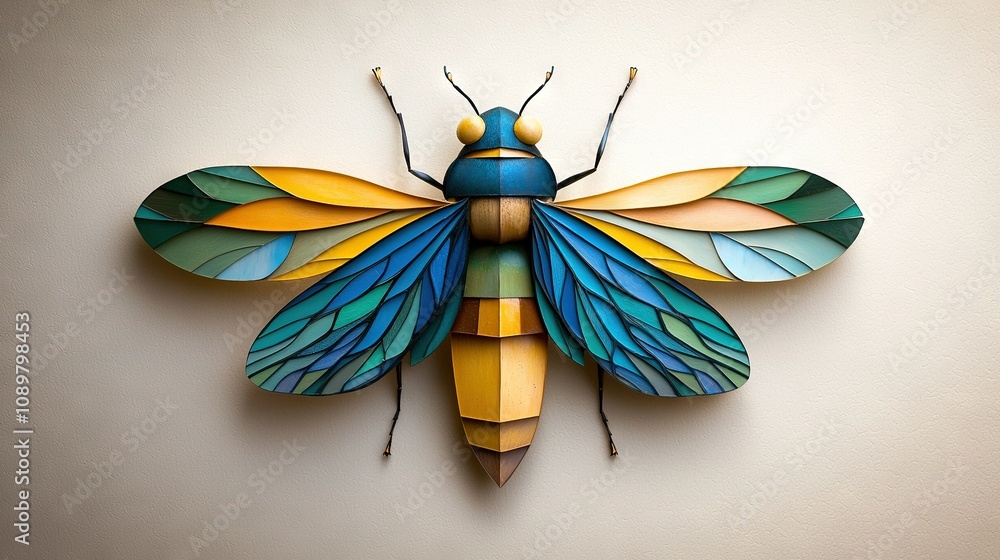 Poster a vibrant paper sculpture of a bug, expertly crafted from multicolored strips and flawlessly display