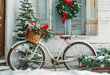 bicycle with basket of bright Christmas decorations and gifts parked near house decorated for Christmas with tree and sparkling garlands,