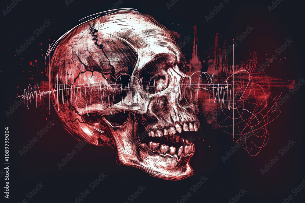 Poster a skull with a red background and a city in the background