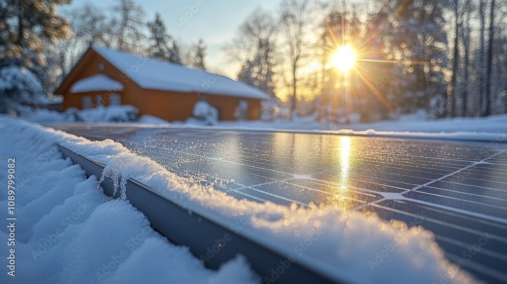 Poster solar panels coated in snow capture the last rays of sunlight on a winter evening, with a charming h