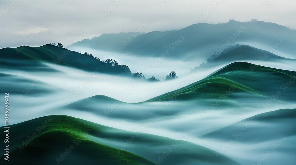 Poster a mountain range in fog with trees atop and a forest in the background