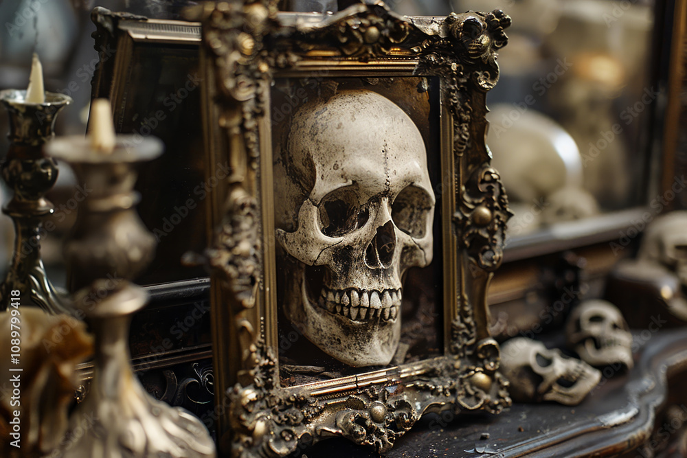 Poster a skull is displayed in a frame on a table with candles and other skulls