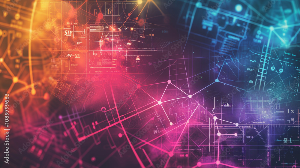 Poster a colorful image of a cityscape with many lines and dots