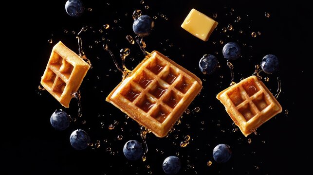 Crispy Golden Waffle Quarters with Maple Syrup Drops, Floating Butter Cube, and Blueberries: Dramatic Food Photography Against a Black Background, High-Resolution 8K Artistry.