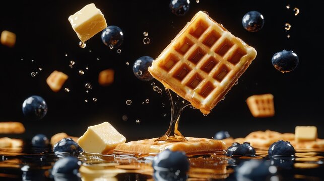 Crispy Golden Waffle Quarters with Maple Syrup Drops, Floating Butter Cube, and Blueberries: Dramatic Food Photography Against a Black Background, High-Resolution 8K Artistry.