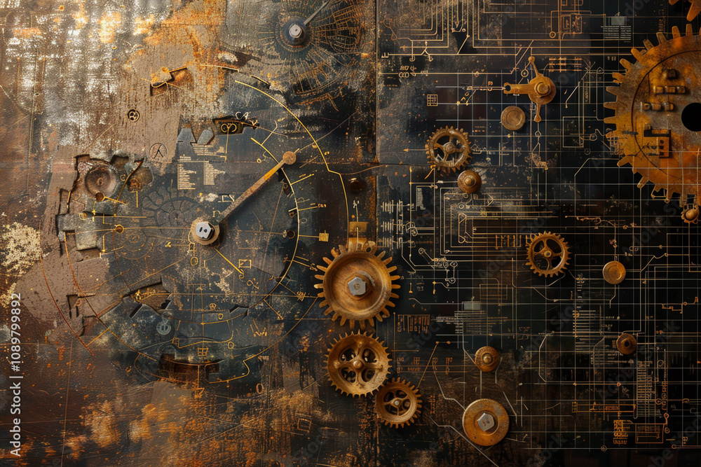 Poster a clock with gears and a face is shown in a black and brown color scheme