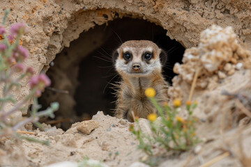 Fototapeta premium A baby animal is peeking out of a hole in the ground