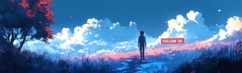 Fototapeta premium Anime scene of a man standing on a path with a sign, text follow us