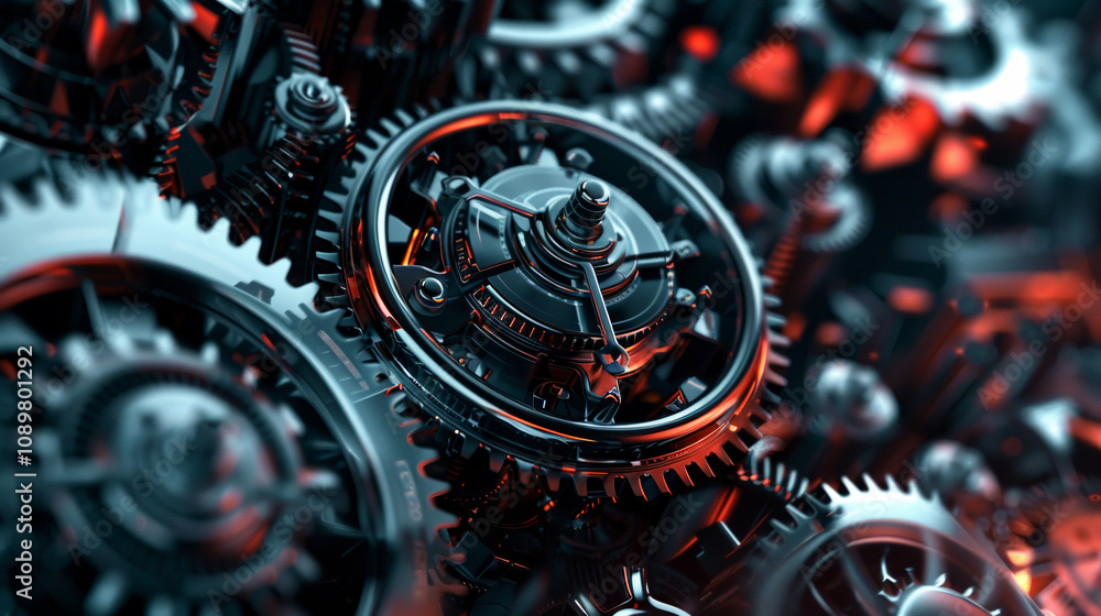 Poster a close up of a machine with many gears and a large gear in the center