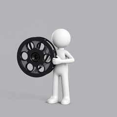 Obraz premium 3D stick figure character grasping a large film reel for filmmaking creativity with copy space