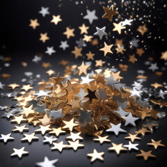 star shaped confetti in gold and silver, scattered randomly on a matte black background
