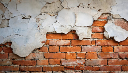 A rustic brick wall with aged, peeling plaster creates a textured and historical appearance, showcasing the effects of time and weather on urban structures. Grunge texture background