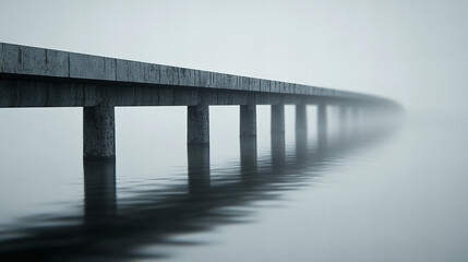 Obraz premium Foggy pier extends into calm waters creating a serene landscape at dawn