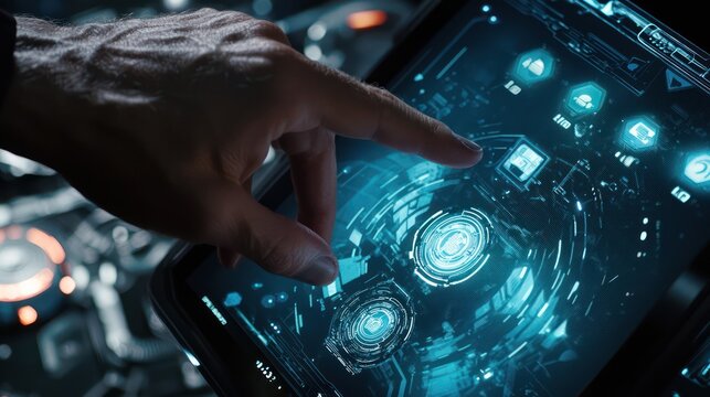 Technology at Work: A close-up of a hand using a touchscreen device in a professional setting, illustrating modern technology in business.