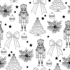 Cute Hand-Drawn Christmas Seamless Pattern with Nutcracker, Christmas Tree, Bows, and Stars