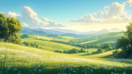 Obraz premium Serene Rolling Hills Landscape With Wildflowers And Trees