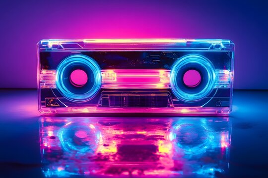 A transparent cassette tape glows with neon pink and blue light, reflecting on a dark surface.