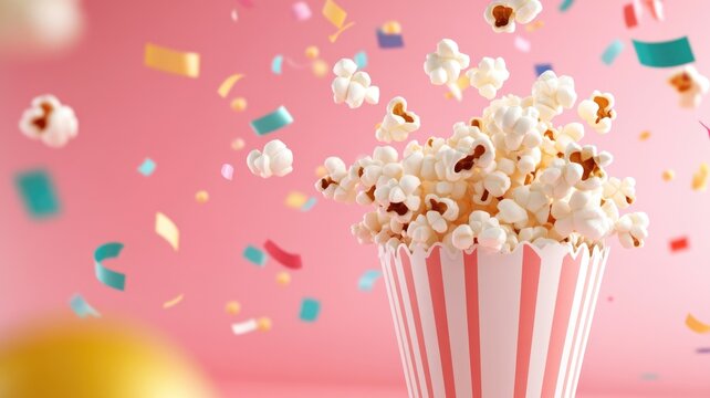 Colorful celebration: popcorn burst with festive confetti on pink background,National Popcorn Day
