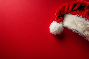 Santa hat and holiday outfit on festive red background