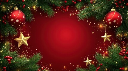 A red festive frame decorated with ornaments, golden stars, and holly berries, perfect for holiday greetings and Christmas celebrations.