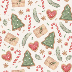 Merry Christmas! Happy New Year - seamless pattern on a festive, winter theme from cute illustrations, elements in watercolor style. 