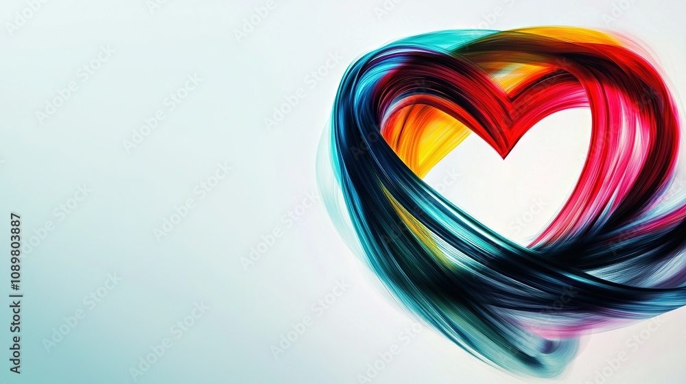 Poster a multicolored heart-shaped object is displayed on a white backdrop against a blue sky