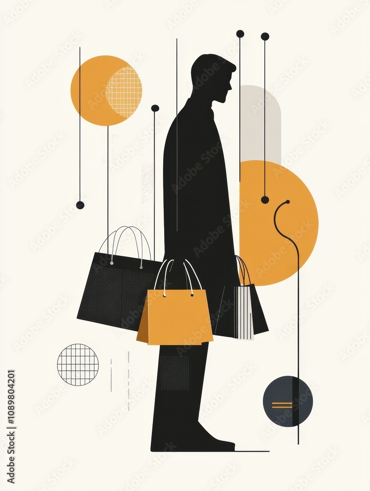 Leinwandbilder silhouette of a person with multiple shopping bags stands against a backdrop of abstract geometric s