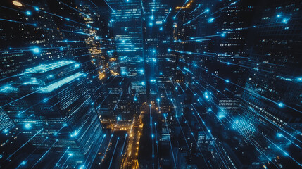 Obraz premium Smart digital Innovation Business skyscrapers in the Financial District with connection network reciprocity over the cityscape. of future smart wireless digital city and social media networking